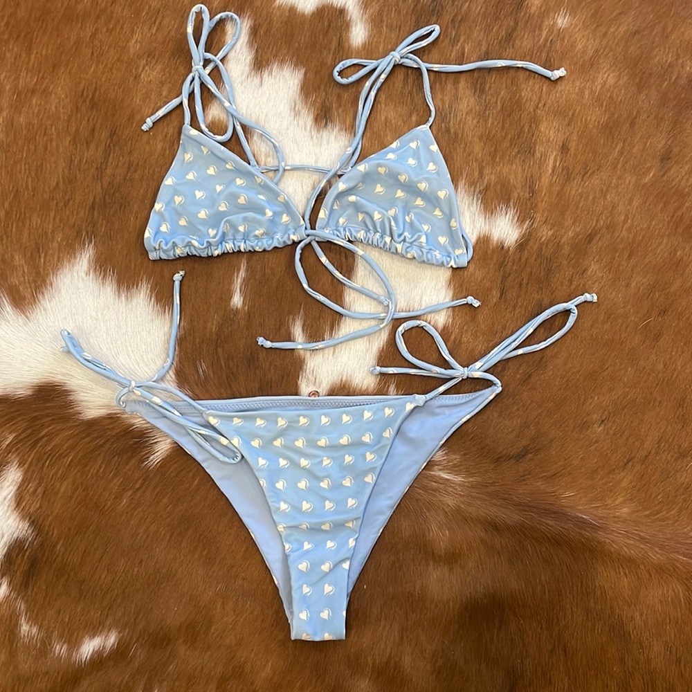 For Love & Lemons Light Blue Heart Print Tie Bikini
